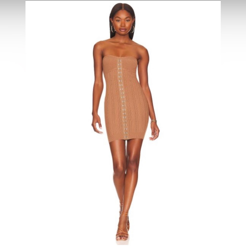 LPA Jenue Pointelle Strapless Mini Dress in Tan. NWOT